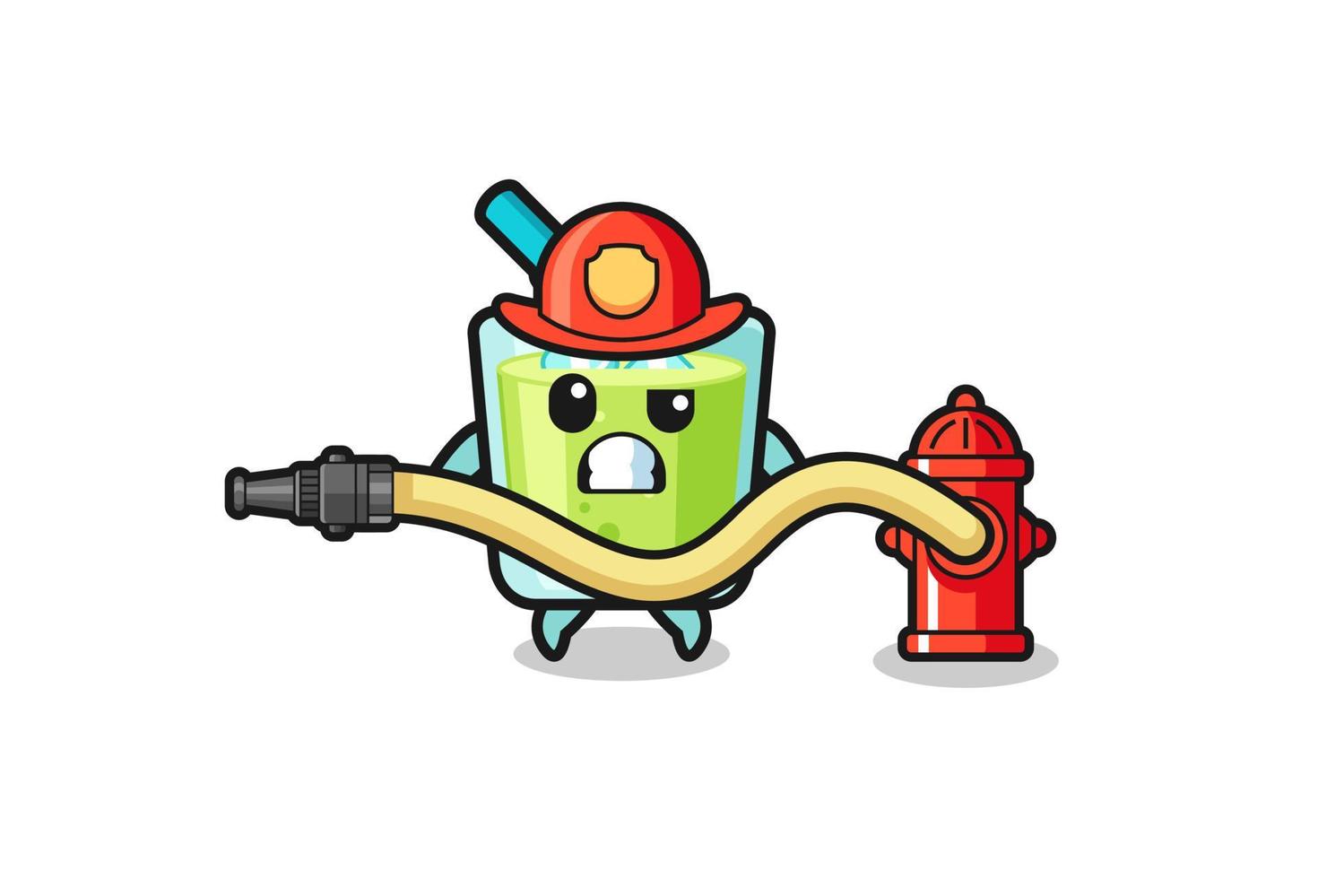 meloensap cartoon als brandweerman mascotte met waterslang vector