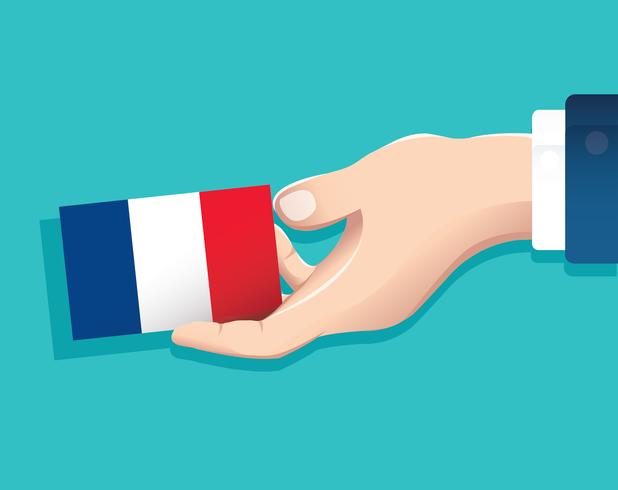hand met Frankrijk vlag kaart met blauwe achtergrond vector
