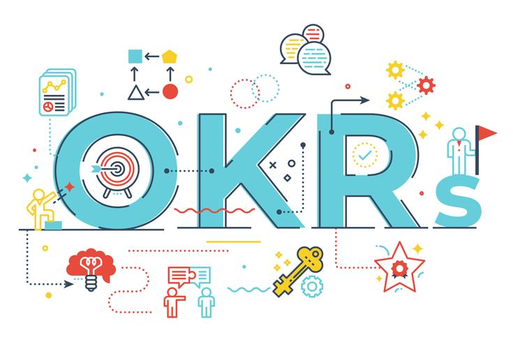 OKR&#39;s (doelstellingen en belangrijkste resultaten) woord belettering illustratie vector