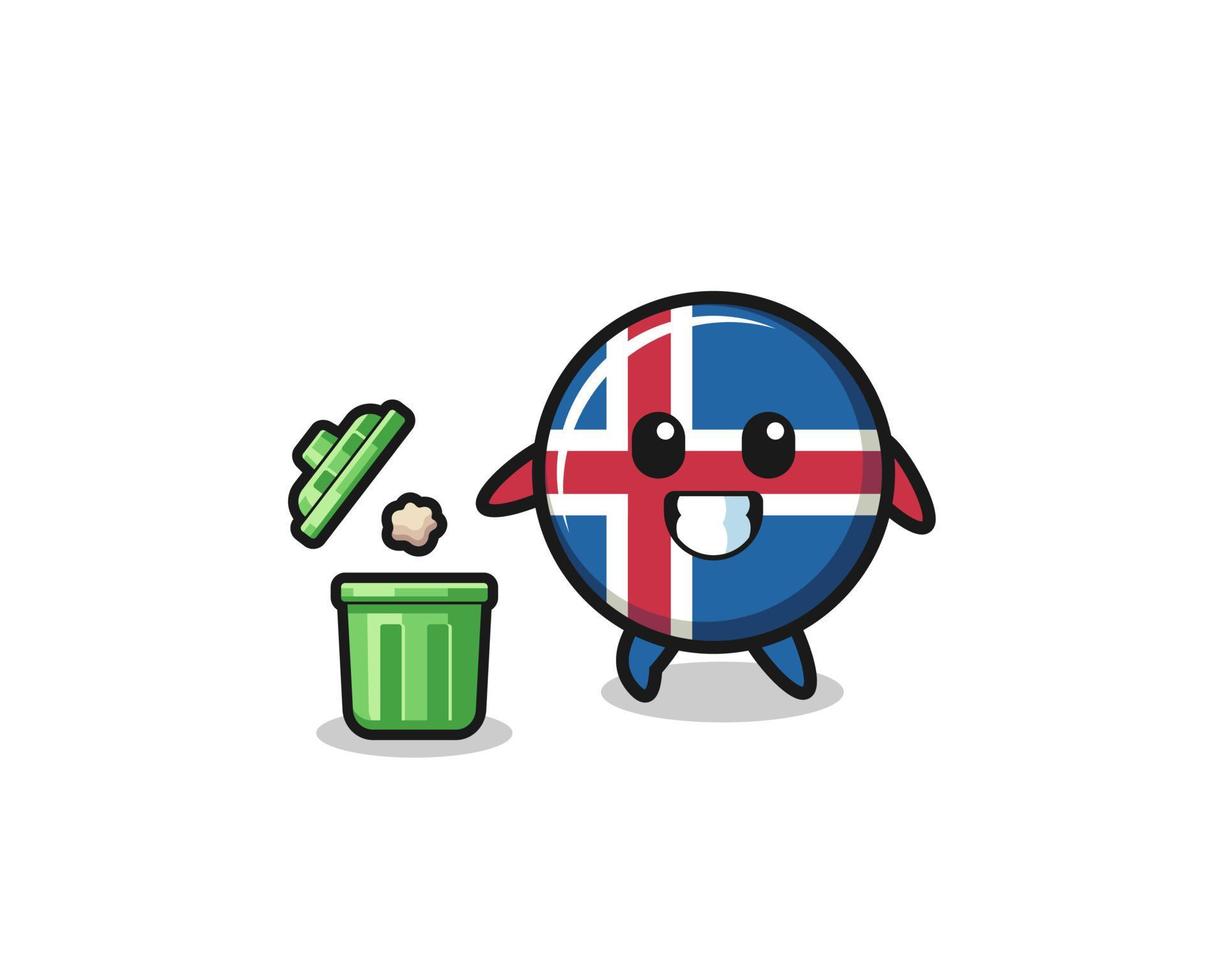 illustratie van de vlag van ijsland die afval in de vuilnisbak gooit vector