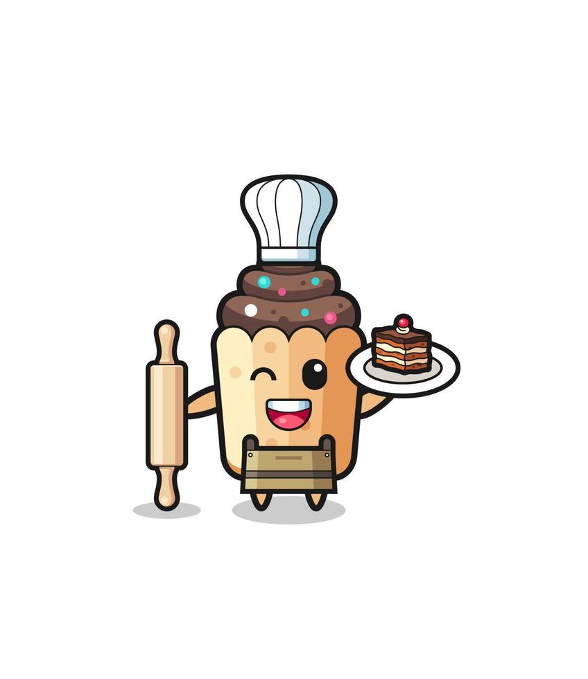 cupcake als patissier mascotte houdt deegroller vast vector