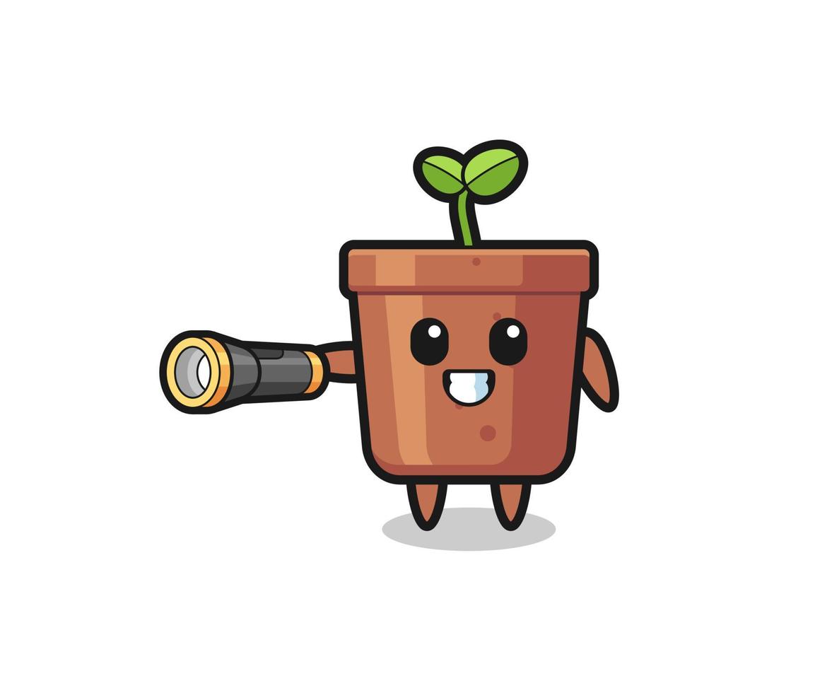 plant pot mascotte met zaklamp vector