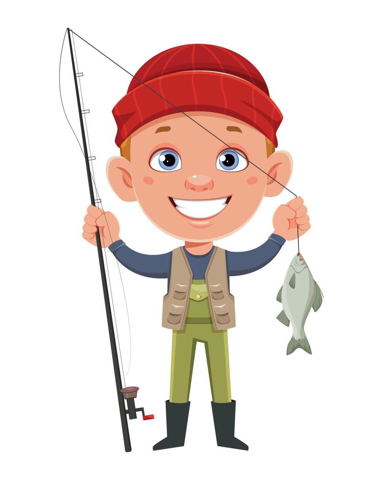 visser met hengel en vis vector