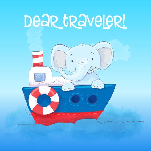 Affiche schattige kleine elefant drijft op een boot. Cartoon stijl. Vector