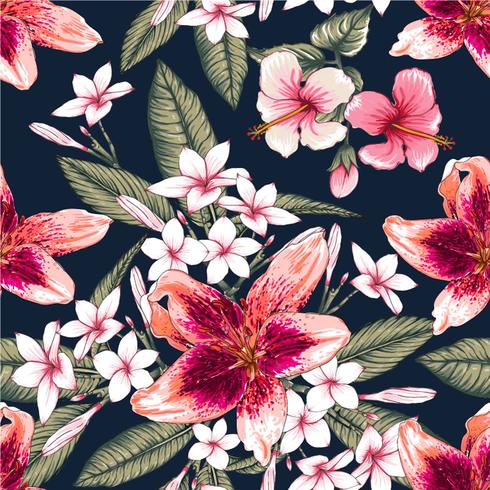 Naadloze bloemmotief roze pastel kleuren Hibiscus, Frangipaniand Lilly bloemen op geïsoleerde donkerblauwe achtergrond. Vector illustratie aquarel hand getrokken doodle.