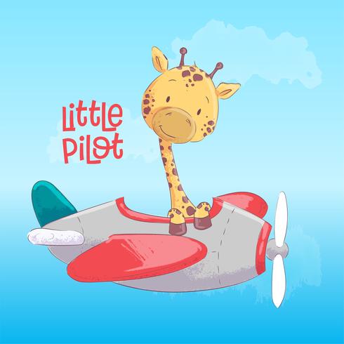Affiche leuke giraf die op een vliegtuig vliegt. Cartoon stijl. Vector