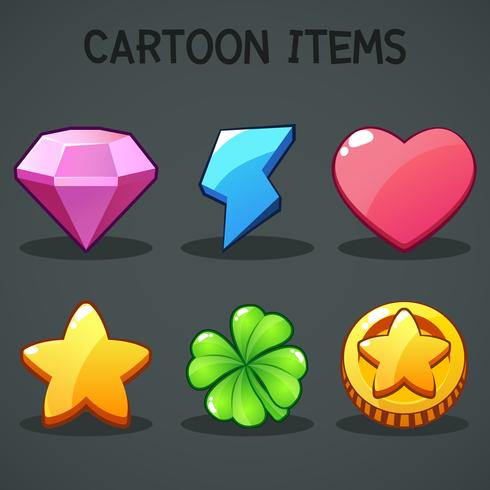 Cartoon-items Verschillende symbolen gebruiken GUI-elementen voor casual mobiele games vector