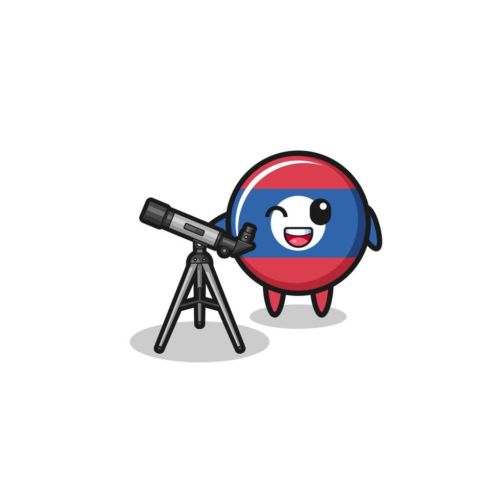 laos vlag astronoom mascotte met een moderne telescoop vector