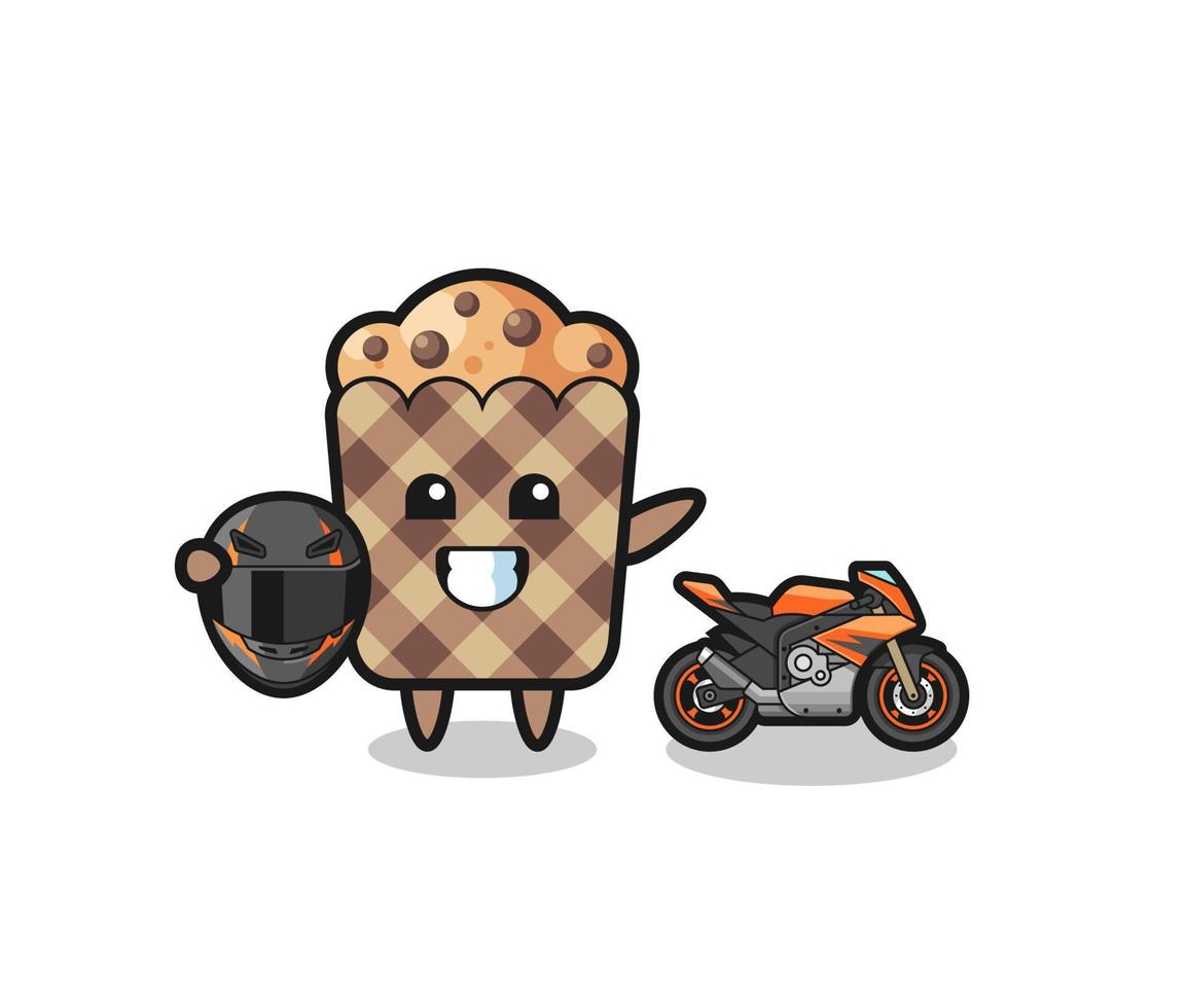 leuke muffincartoon als motorcoureur vector