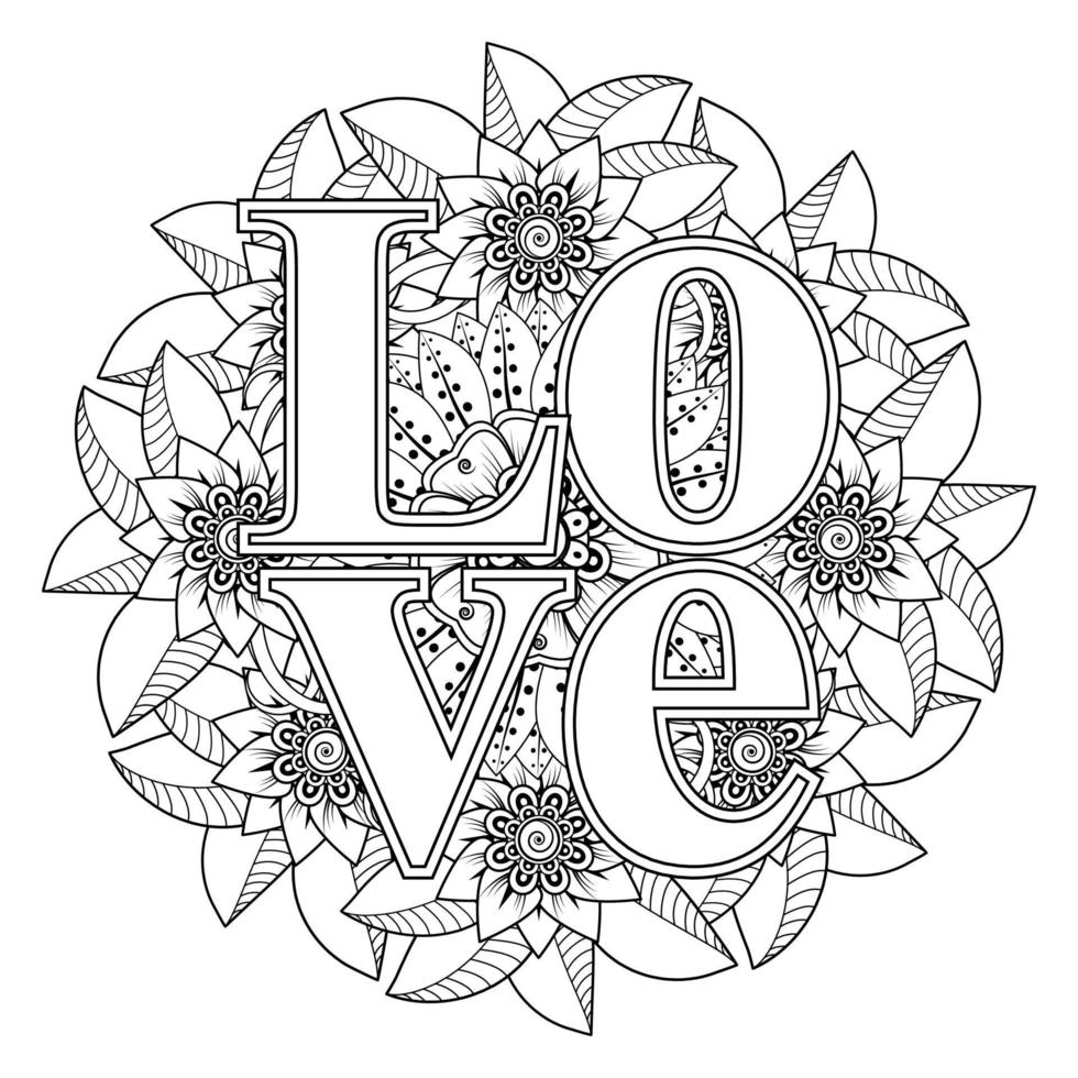 hou van woorden met mehndi-bloemen voor het kleuren van het doodle-ornament van de boekpagina vector