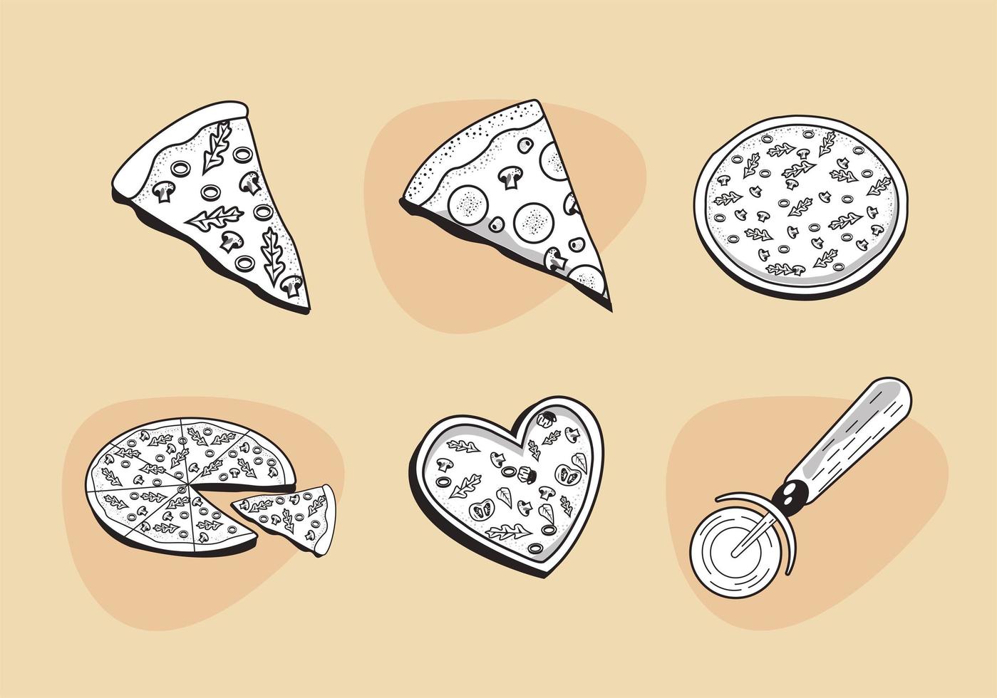 zes Italiaanse pizza-iconen vector