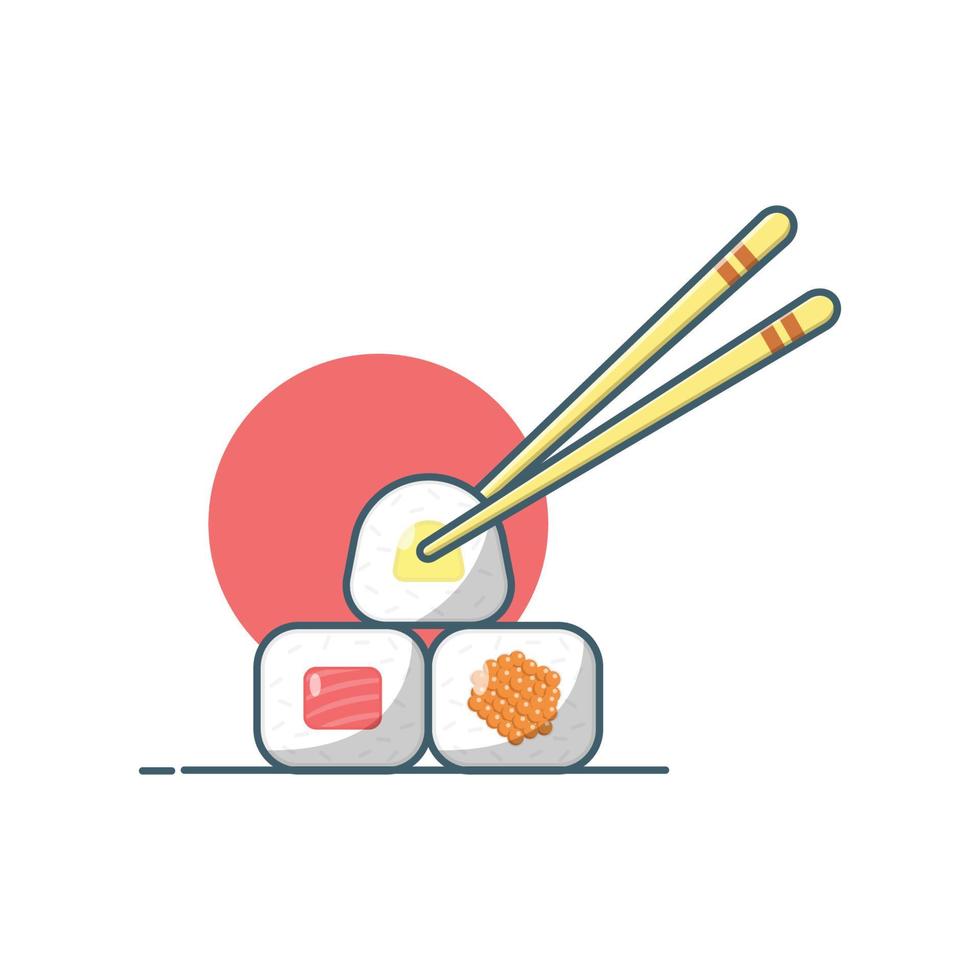 3 sushi roll met eetstokje vectorillustratie. Japanse keuken. voedsel. platte cartoonstijl geschikt voor pictogram, webbestemmingspagina, banner, flyer, sticker, kaart, achtergrond, t-shirt, illustraties vector