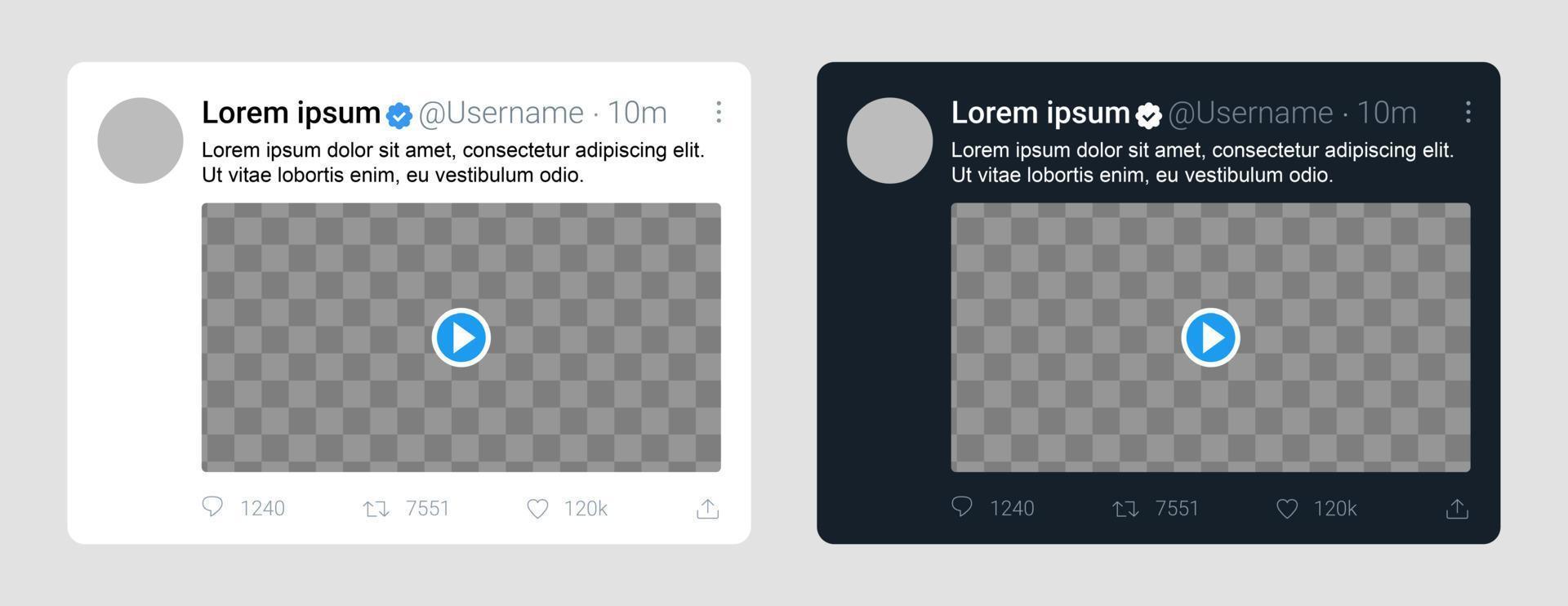 Twitter-videopostsjabloon mock-up. tweet framesjabloon voor nieuwsevenementen met bewerkbare tekst en lege avatar. vector