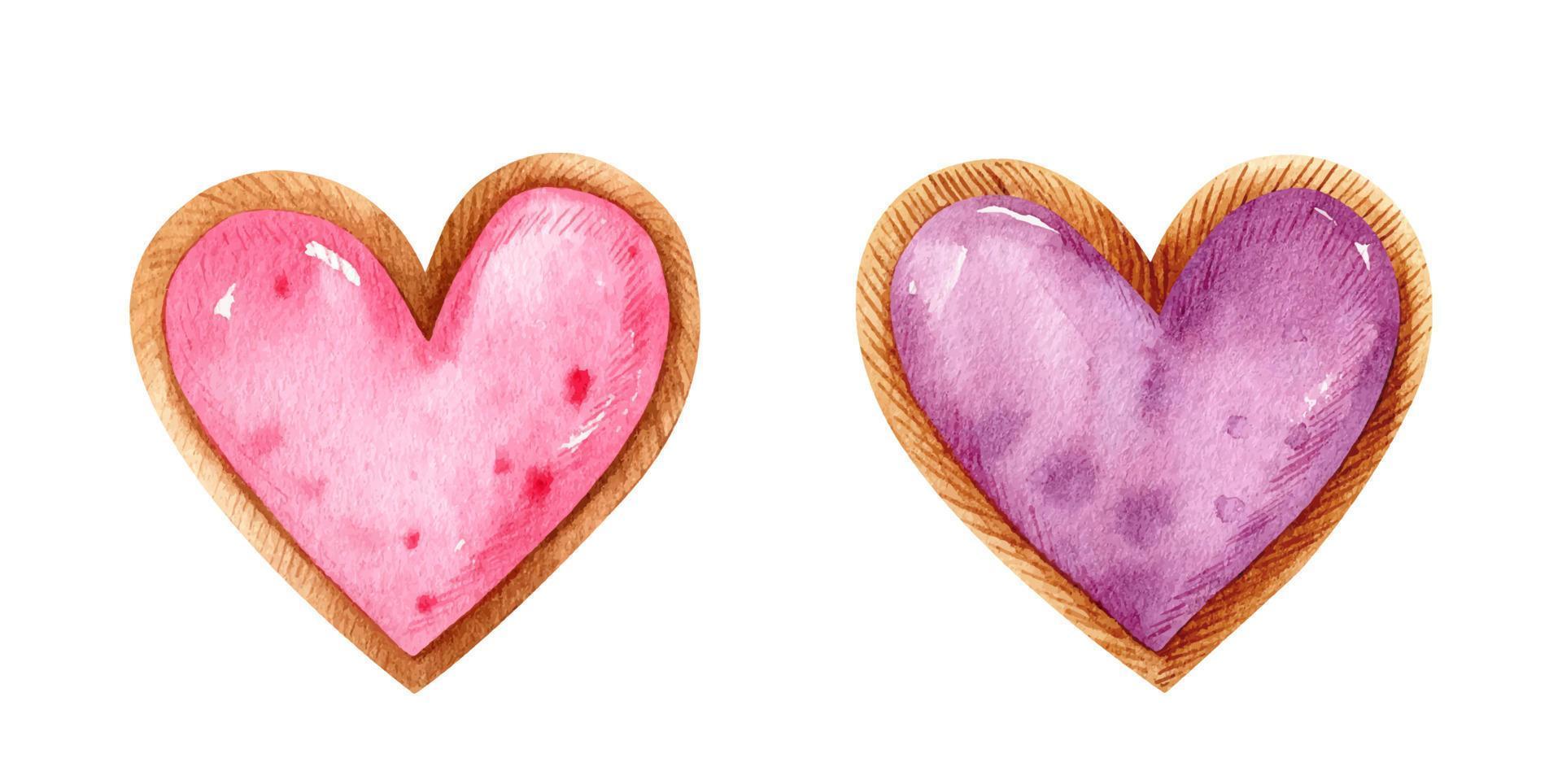 Valentijnsdag aquarel set met hartvormige desserts. koekjes met fruitvulling en feestelijk decor. handgetekende illustratie. perfect voor uw project, kaarten, prints, covers, menu, patronen. vector