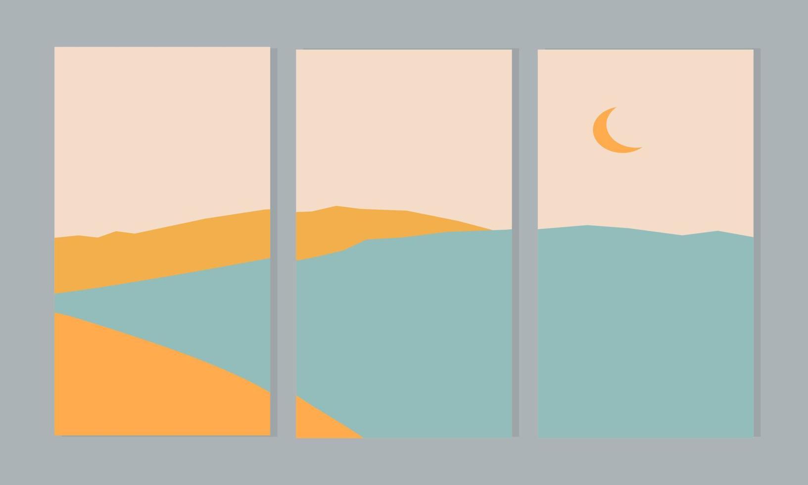 set van abstracte minimalistische esthetische posters achtergronden met bergen en zee landschap. vector