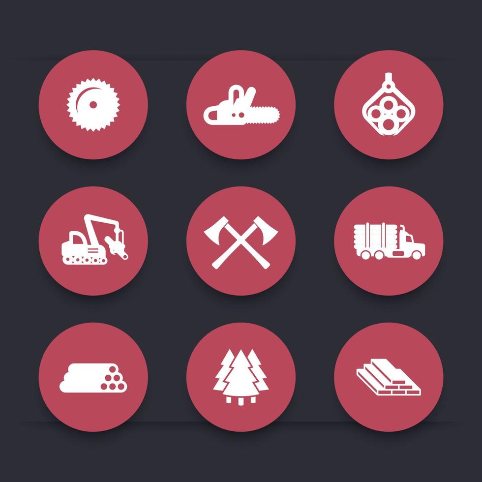 logging, bosbouw apparatuur pictogrammen, zagerij, logging truck, boom harvester, hout, hout, timmerhout, ronde iconen set, vector illustratie