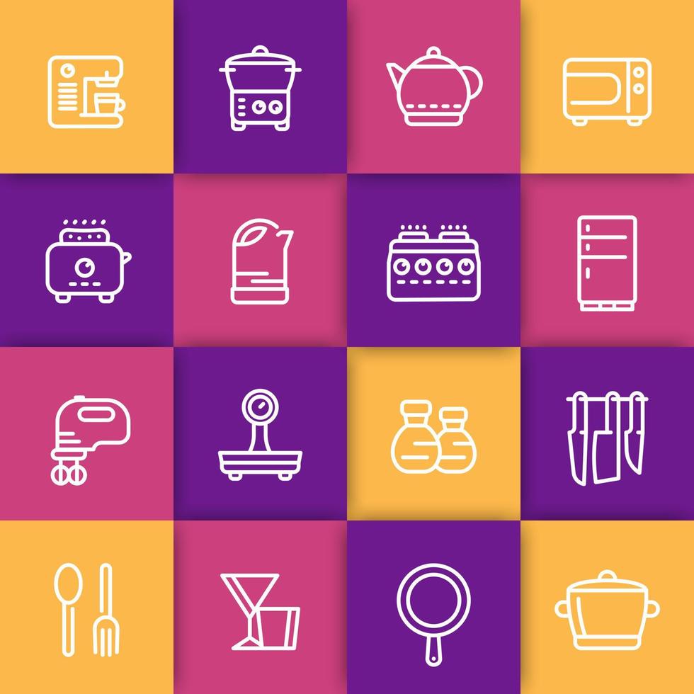 keuken lijn iconen set, gebruiksvoorwerpen, servies, gereedschap, kookgerei, koken gerelateerde objecten, vectorillustratie vector