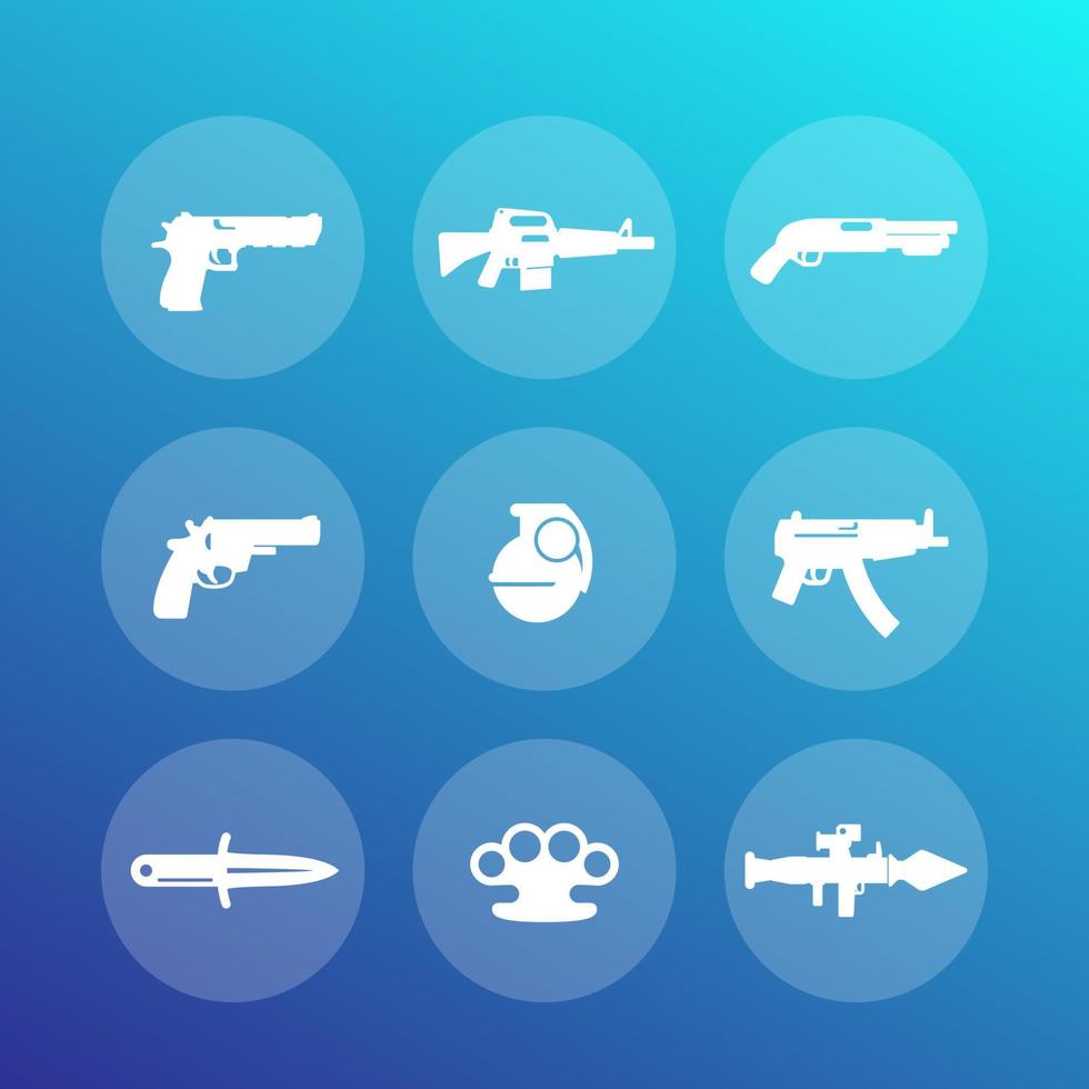 wapens iconen set, pistool, geweer, revolver, jachtgeweer, granaat, machinegeweer, mes, raketwerper, vuurwapen, explosief vector