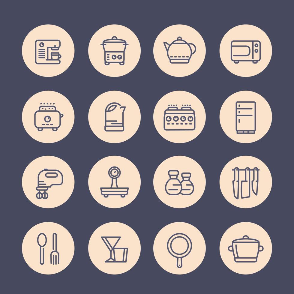 keuken lijn iconen set, gebruiksvoorwerpen, servies, gereedschap, kookgerei, pan, waterkoker, messen, koken gerelateerde objecten vector