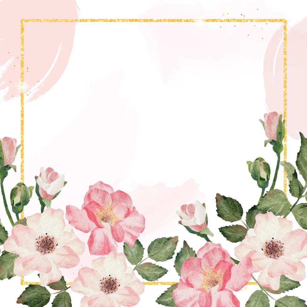 aquarel roze engels roos met gouden luxe vierkante frame met kopie ruimte voor tekst vector