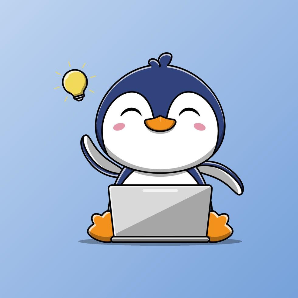 schattige pinguïn werkt op laptop en heeft een idee vectorillustratie vector