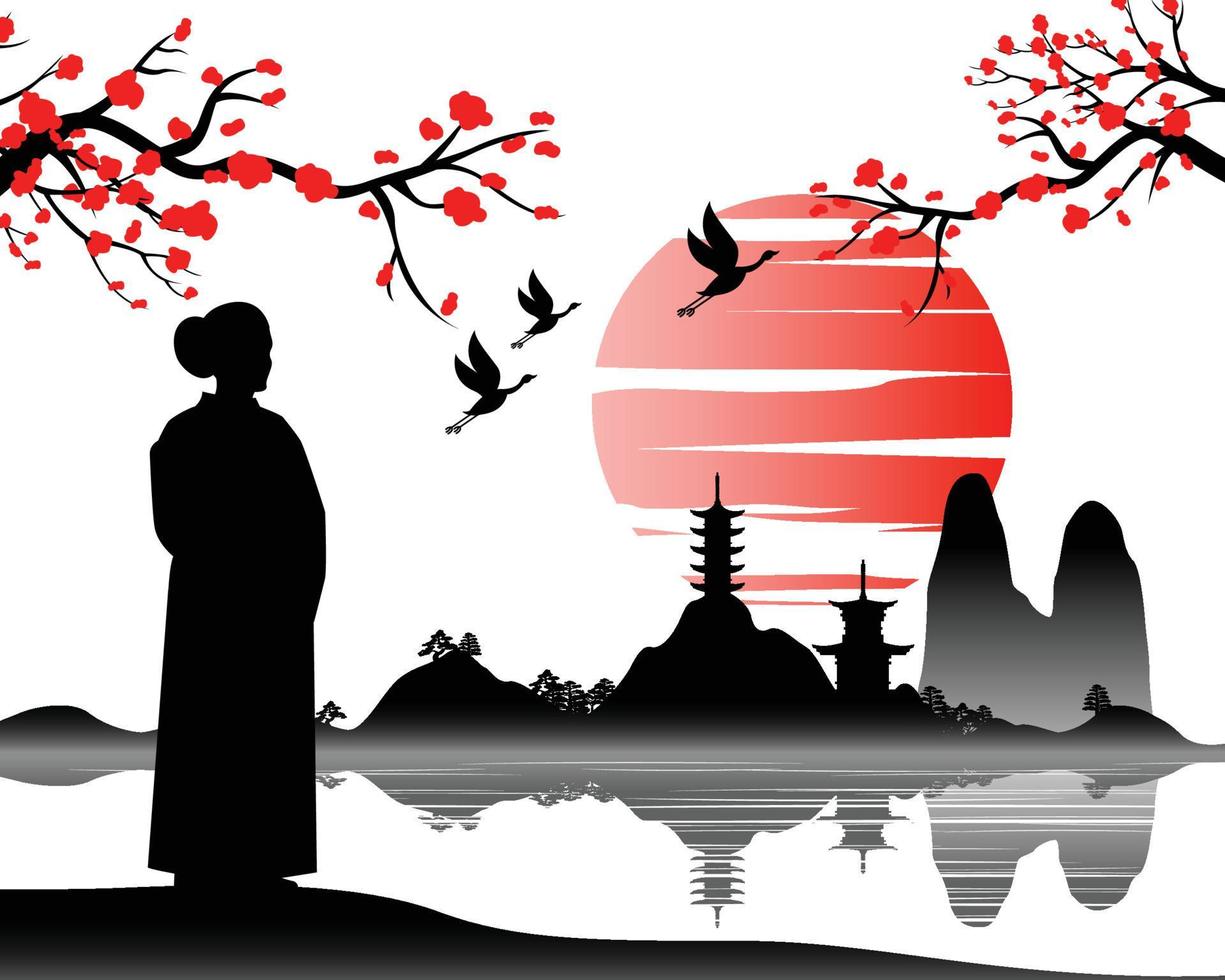 Japanse kunst met oud ontwerp van kimono-vrouw kijkt naar de pagode vector