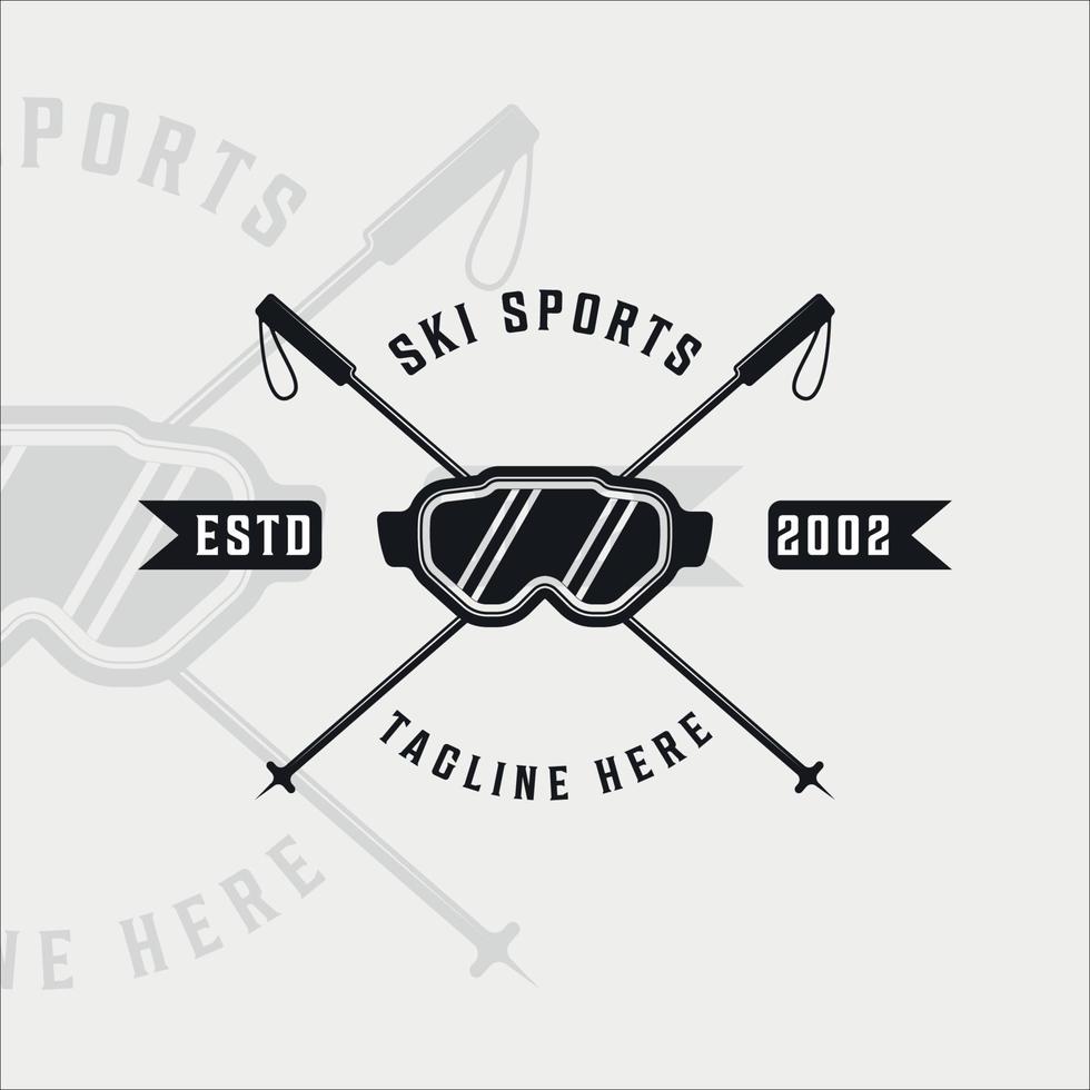 ski sport logo vintage vector logo illustratie sjabloon pictogram grafisch ontwerp. skibril skistok symbool of teken voor wintersportwinkel of bedrijf met retro typografiestijl