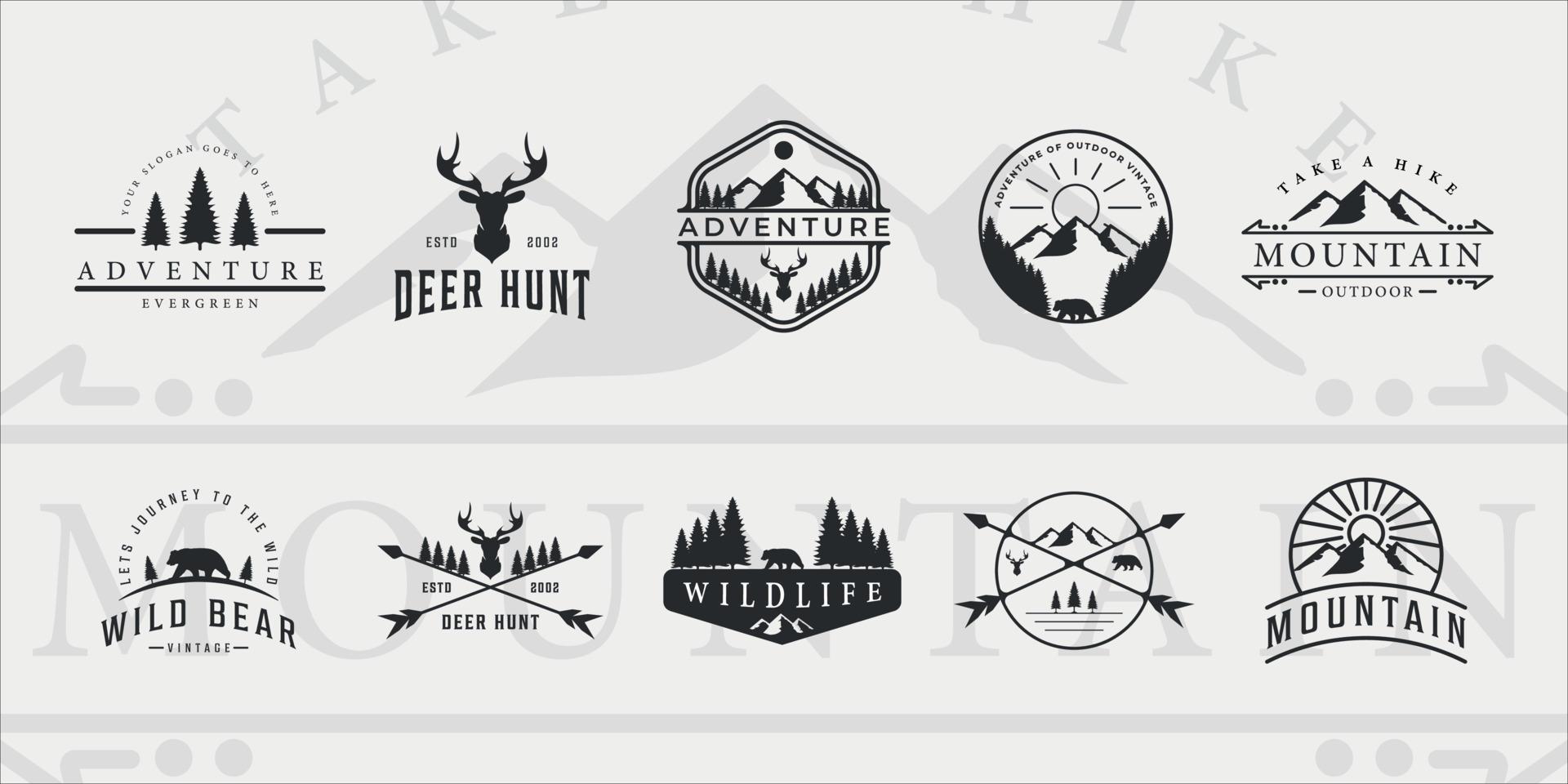 set van vector avontuur berg buiten vintage logo symbool illustratie ontwerp, bundel collectie van verschillende dieren in het wild icon