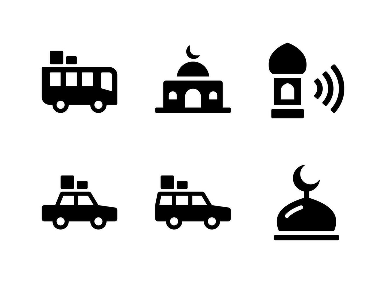 eenvoudige set van ramadan traditie gerelateerde vector solide pictogrammen. bevat iconen als naar huis gaan met bus, auto, moskee en meer.