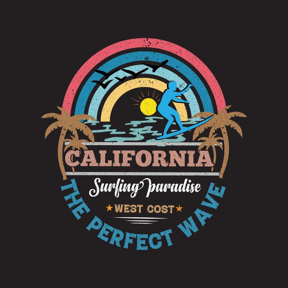 Californië surfparadijs vintage t-shirtontwerp voor zomervakantie vector