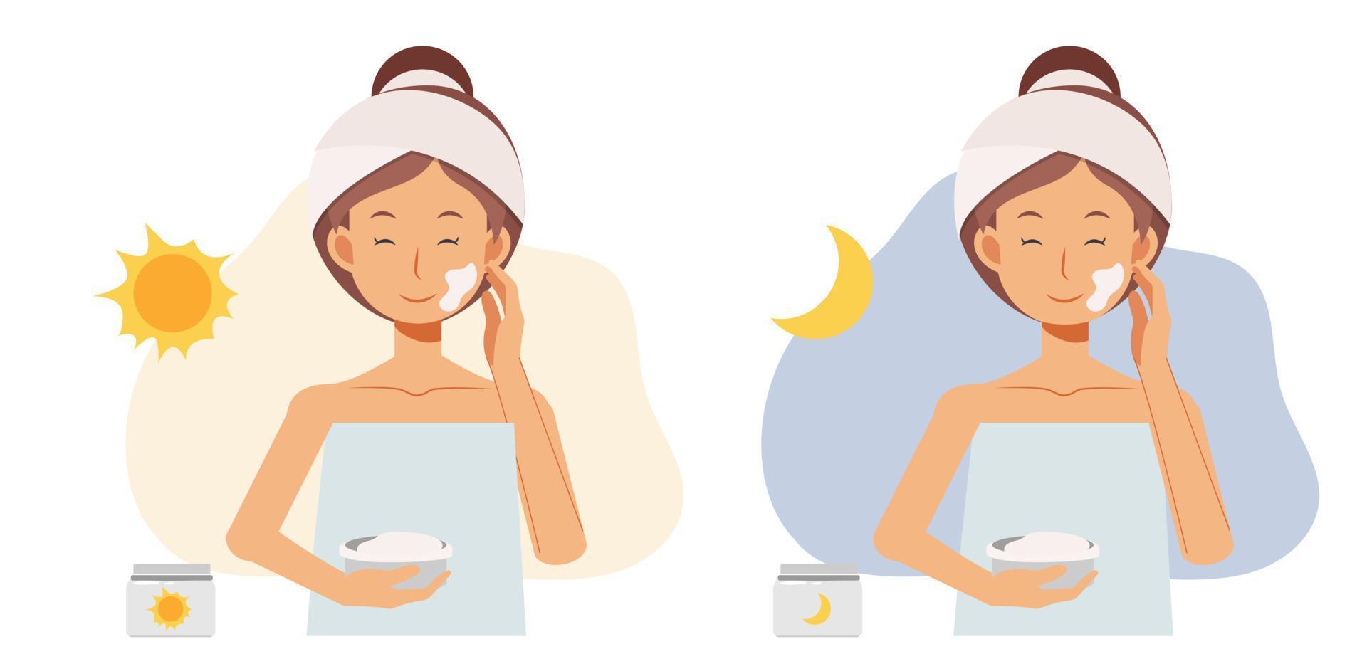 gezichtshuid behandeling concept. vrouw die dagkeramiek en nachtcrème gebruikt. platte vector cartoon karakter illustratie.