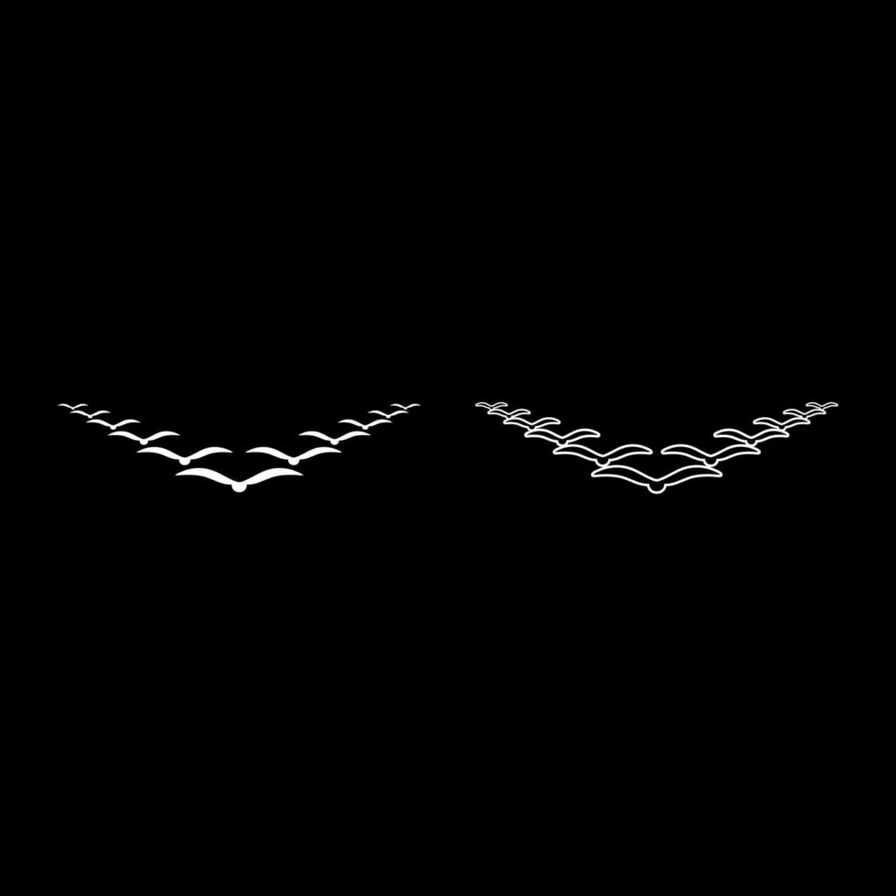 zwerm vogels vliegen in de lucht in wig sleutel leiderschap concept migratie silhouet pictogram witte kleur vector illustratie vlakke stijl afbeelding set