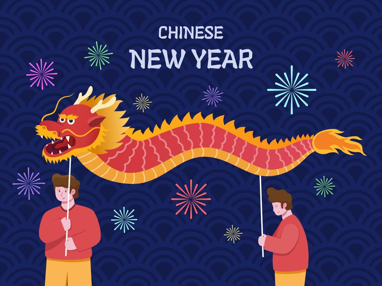 illustratie van mensen vieren chinees nieuwjaar met drakendans met rode en gele kleuren. chinees nieuw maanjaartraditiefestival. kan worden gebruikt voor wenskaarten, ansichtkaarten, spandoeken, posters, enz. vector