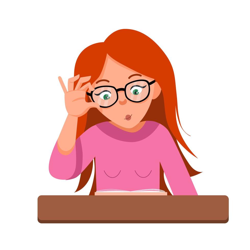 een jong schoolmeisje met een bril zit aan een bureau. het meisje doet haar huiswerk, leest een boek. vector