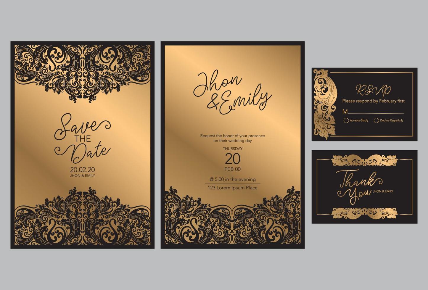 bruiloft uitnodigingskaarten barok stijl goud. vintage patroon. retro Victoriaanse sieraad. vector