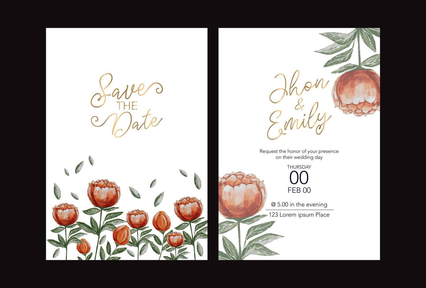 huwelijksuitnodiging, uitnodiging, bewaar de datumkaart met vector bloemenboeket frame ontwerp pioenroos