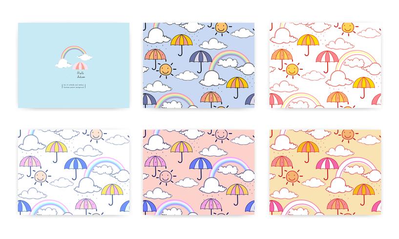 Set van naadloze patroon met schattige regenboog en paraplu. Vector illustratie achtergrond.