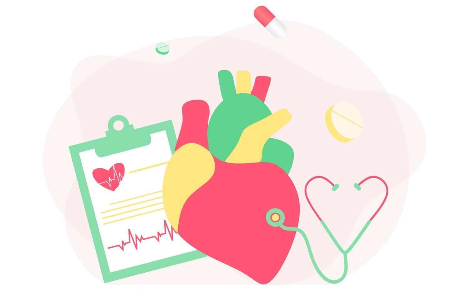 moderne hartmedicatie, onderzoeksconcept voor hartziekten. cardioloog die groot hartmodel, drugs en hartslagdiagram bestudeert. vector illustratie cardiovasculair systeem, cholesterol, medisch onderzoek