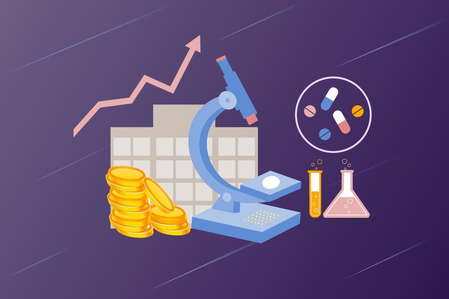 farmacologische en gezondheidsgeneesmiddelen ontwikkeling bedrijfsconcept. farmaceutische industrie met medische apparatuur en therapiepillen voor onderzoek naar ziekte en ziekte. platte vector voor web, banner, infographics.