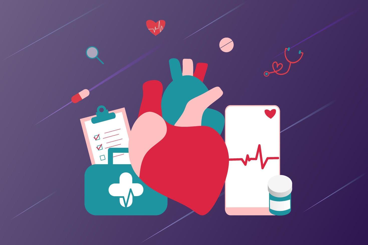 moderne hartmedicatie, onderzoeksconcept voor hartziekten. cardioloog die groot hartmodel, drugs en hartslagdiagram bestudeert. vector illustratie cardiovasculair systeem, cholesterol, medisch onderzoek