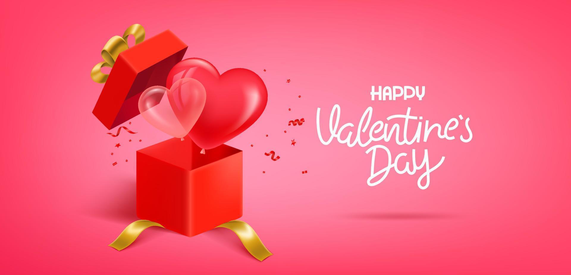 happy Valentijnsdag wenskaart met geschenkdoos en belettering inscriptie. 3d vectorillustratie vector