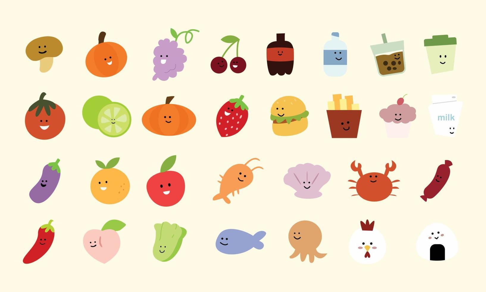 set van verschillende illustraties voor eten, fruit, groenten en drinken in kawaii-stijl vector