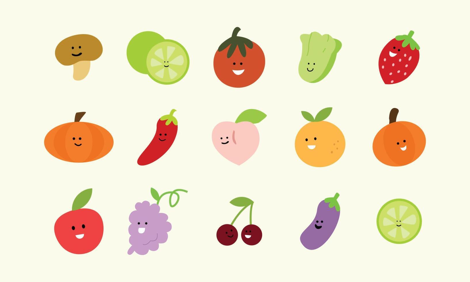 set kawaii-illustraties van groenten en fruit vector