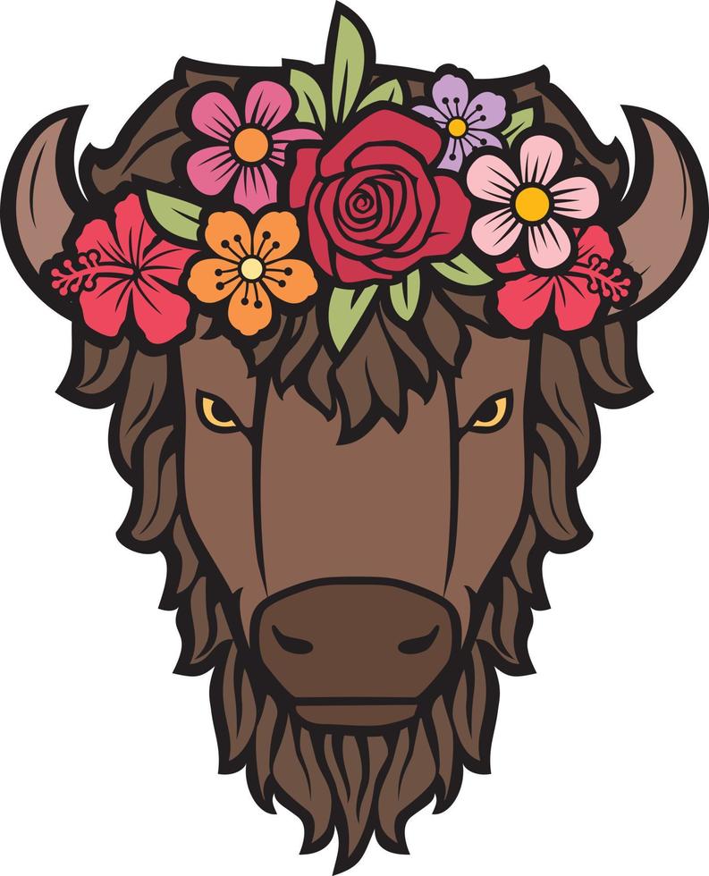 bizon hoofd met bloemen vectorillustratie. bloemen Amerikaanse buffel. vector