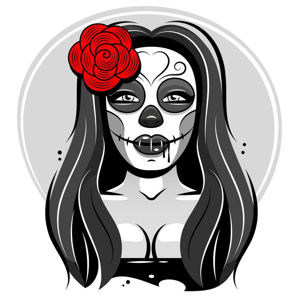dia de los muertos, dag van de doden, mexicaanse feestdag, festival. poster, spandoek en kaart met make-up van suikerschedel, vrouw met bloemkroon. halloween-concept vector