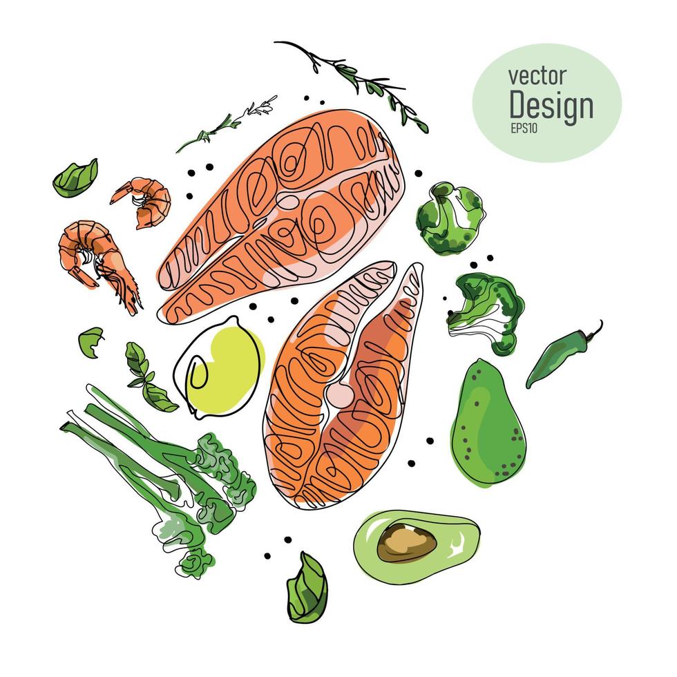 kleurrijke steaks van rode zalm vis, met groenten, avocado garnalen en kruiden geïsoleerd op een witte achtergrond, gezonde voeding getekend in lijn kunststijl, vectorillustratie vector