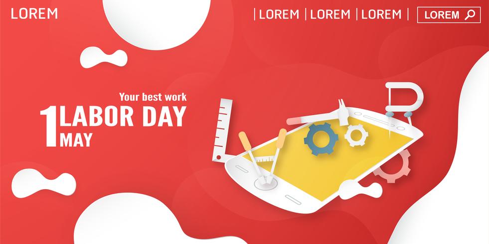 Happy Labor Day op 1 mei van jaren. Sjabloonontwerp voor banner, poster, dekking, advertentie, website. Vector illustratie in papier knippen en ambachtelijke stijl op rode achtergrond.