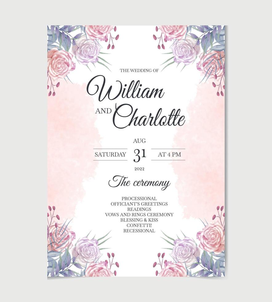 elegante bruiloft uitnodigingskaart met rozen bloemen aquarel vector