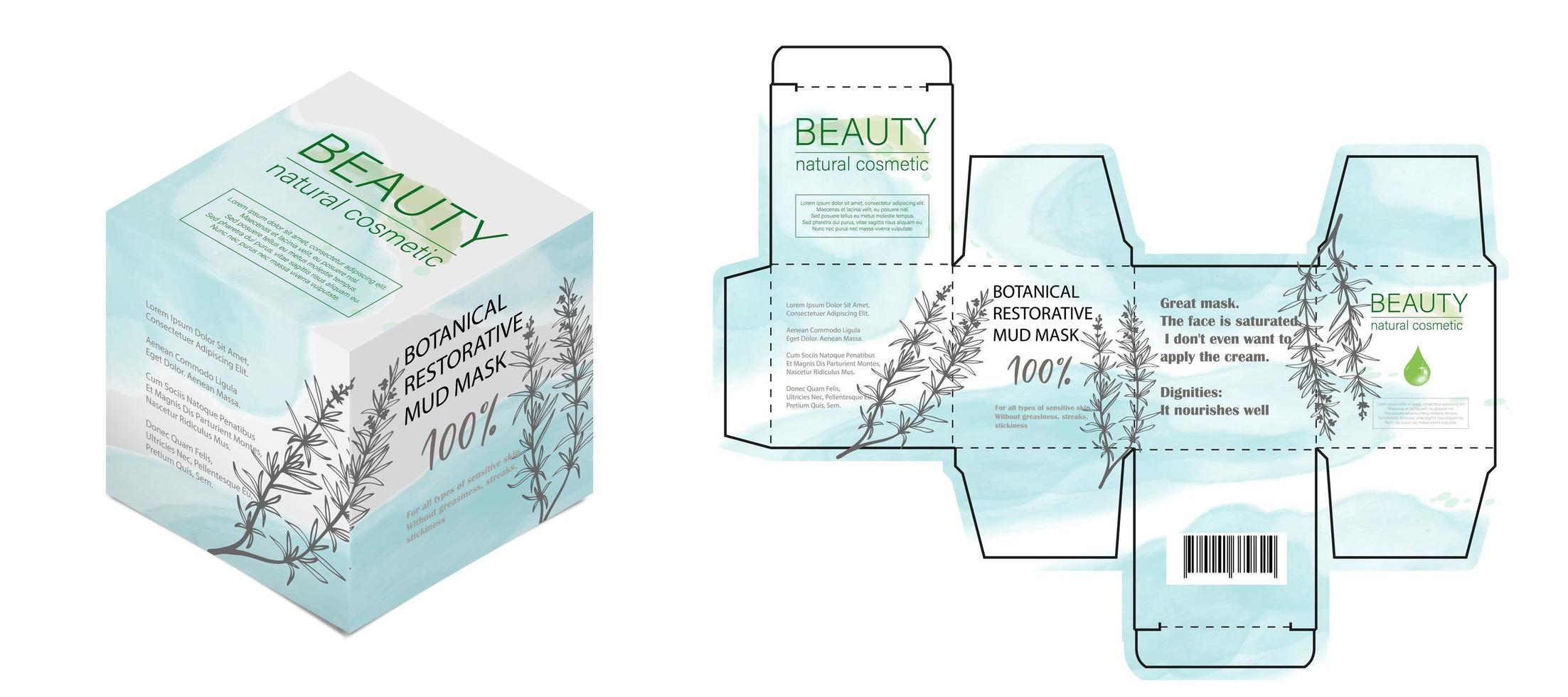 ontwerp van de cosmetische verpakkingssjabloon. snee. cosmetisch crèmemasker met rozemarijn in een gesloten doos. realistisch 3D-model. vector