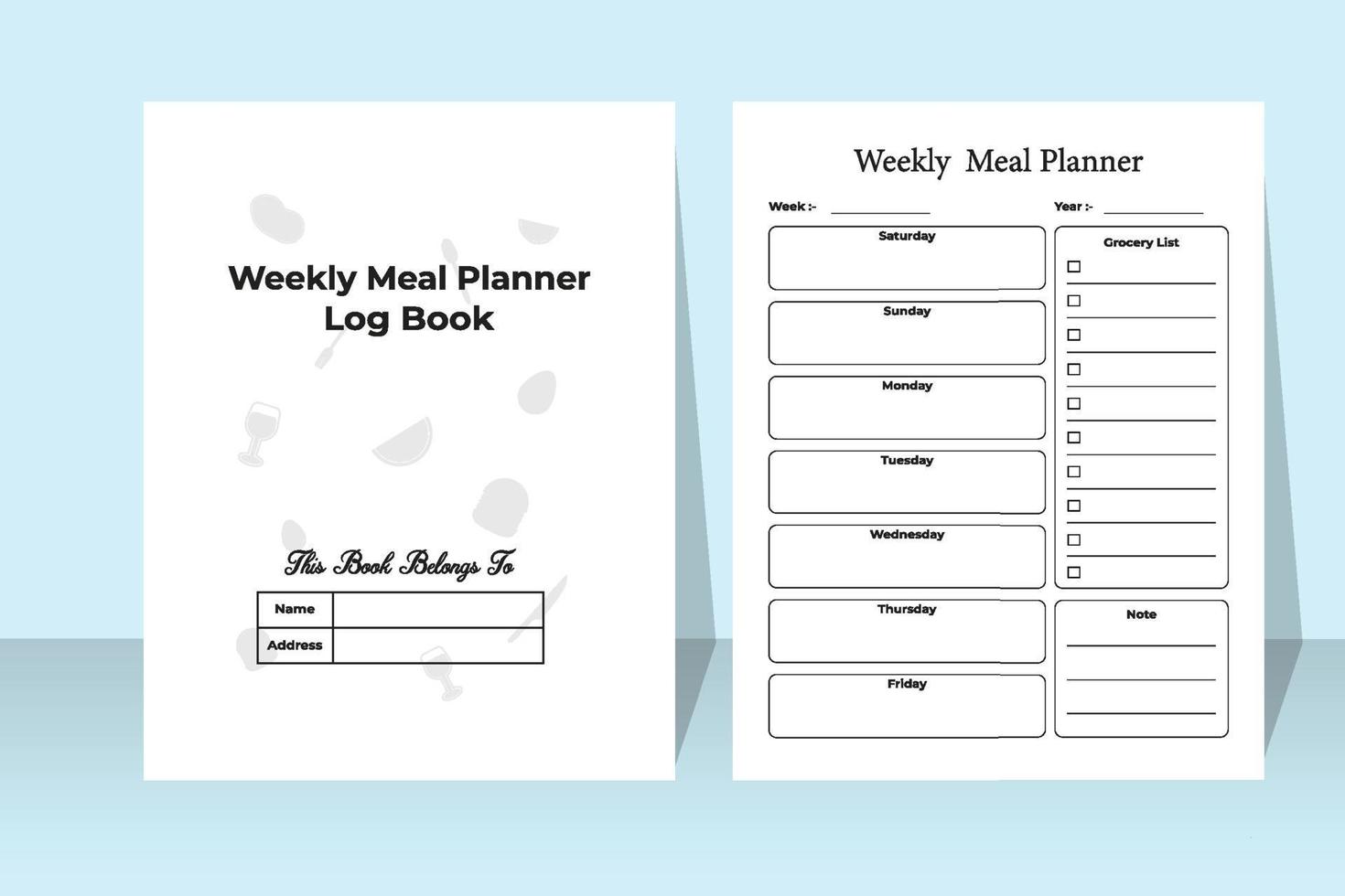 wekelijkse maaltijdplanner logboek. maaltijdplanner notitieboekje. wekelijkse boodschappenlijst logboek. wekelijkse maaltijdplanner sjabloon. sjabloon voor boodschappenlijstjes. vector